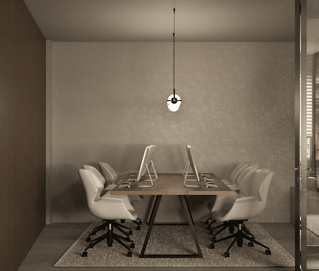 Small meeting room with a round table, upholstered chairs and a pendant light — Themistokleous