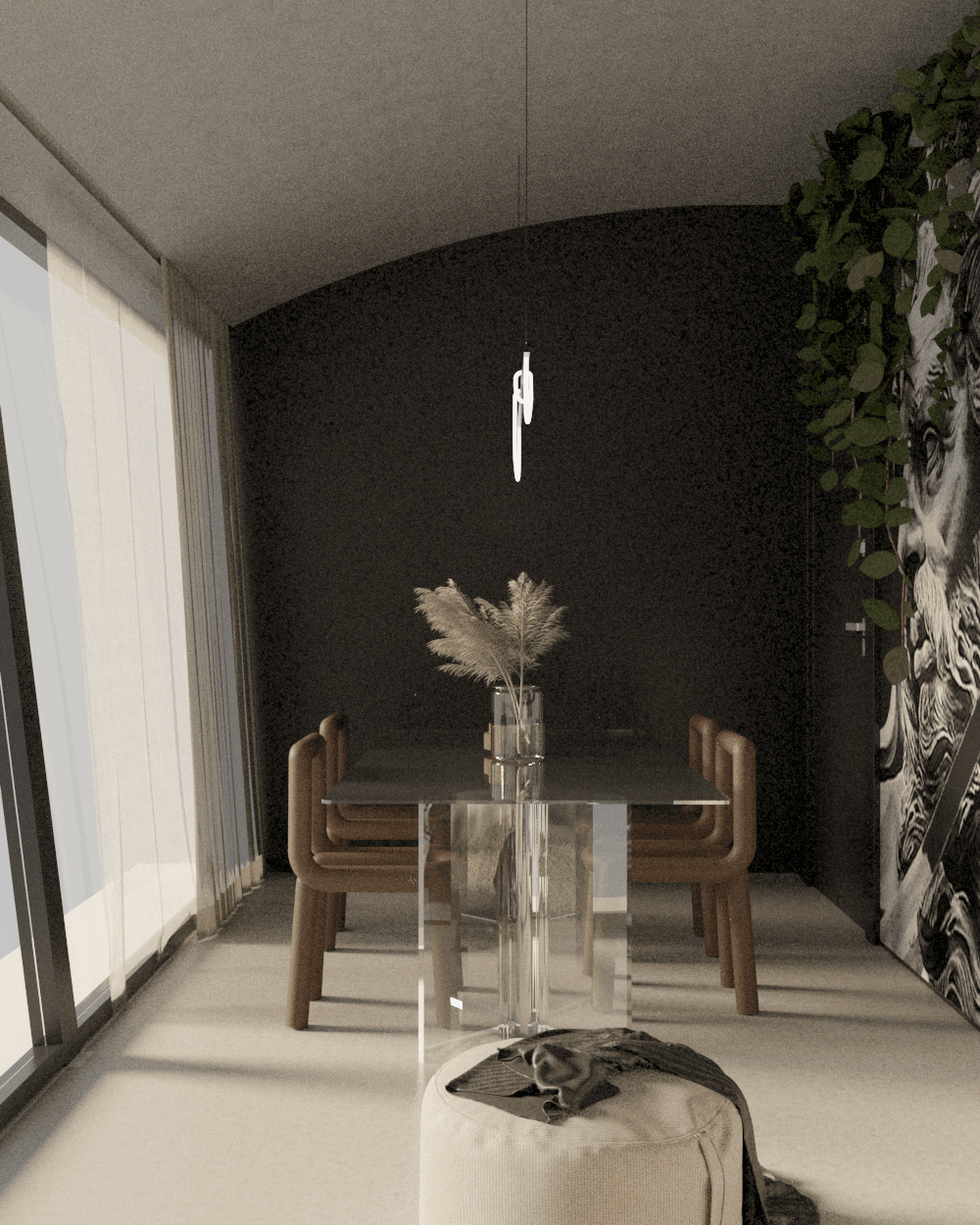 Dining corner with a dark curved wall, hanging greenery and a round table — Solonos