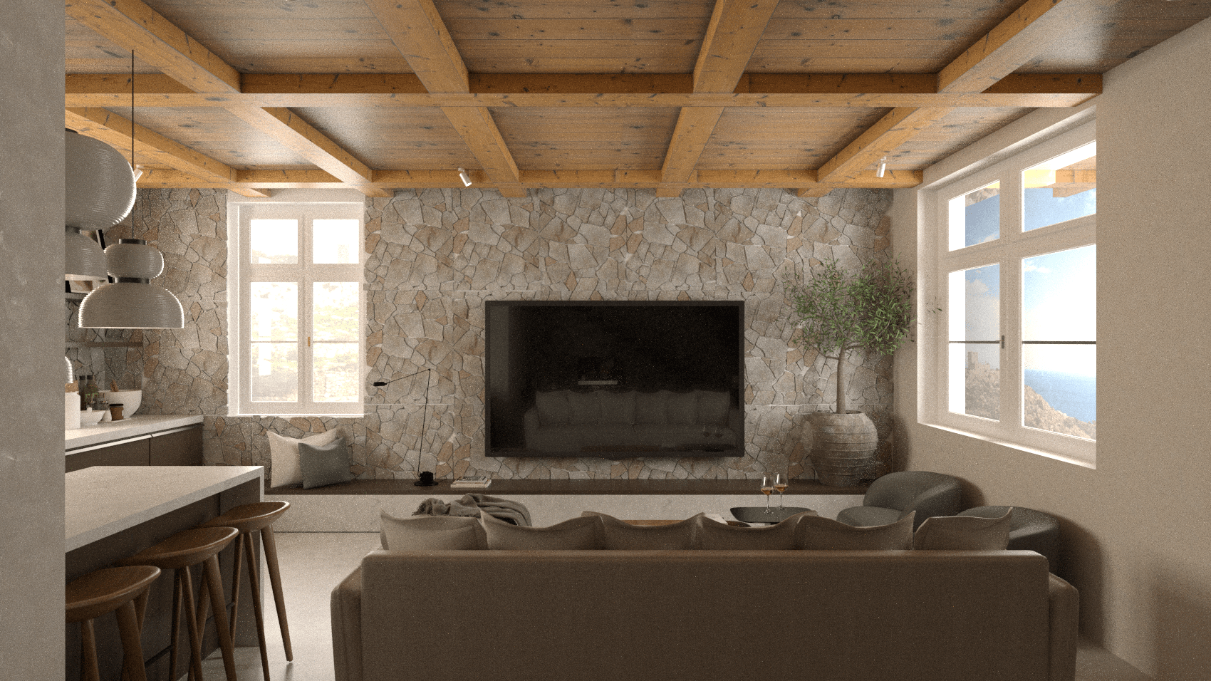 Living-room visualisation with exposed timber beams and stone walls — Mani