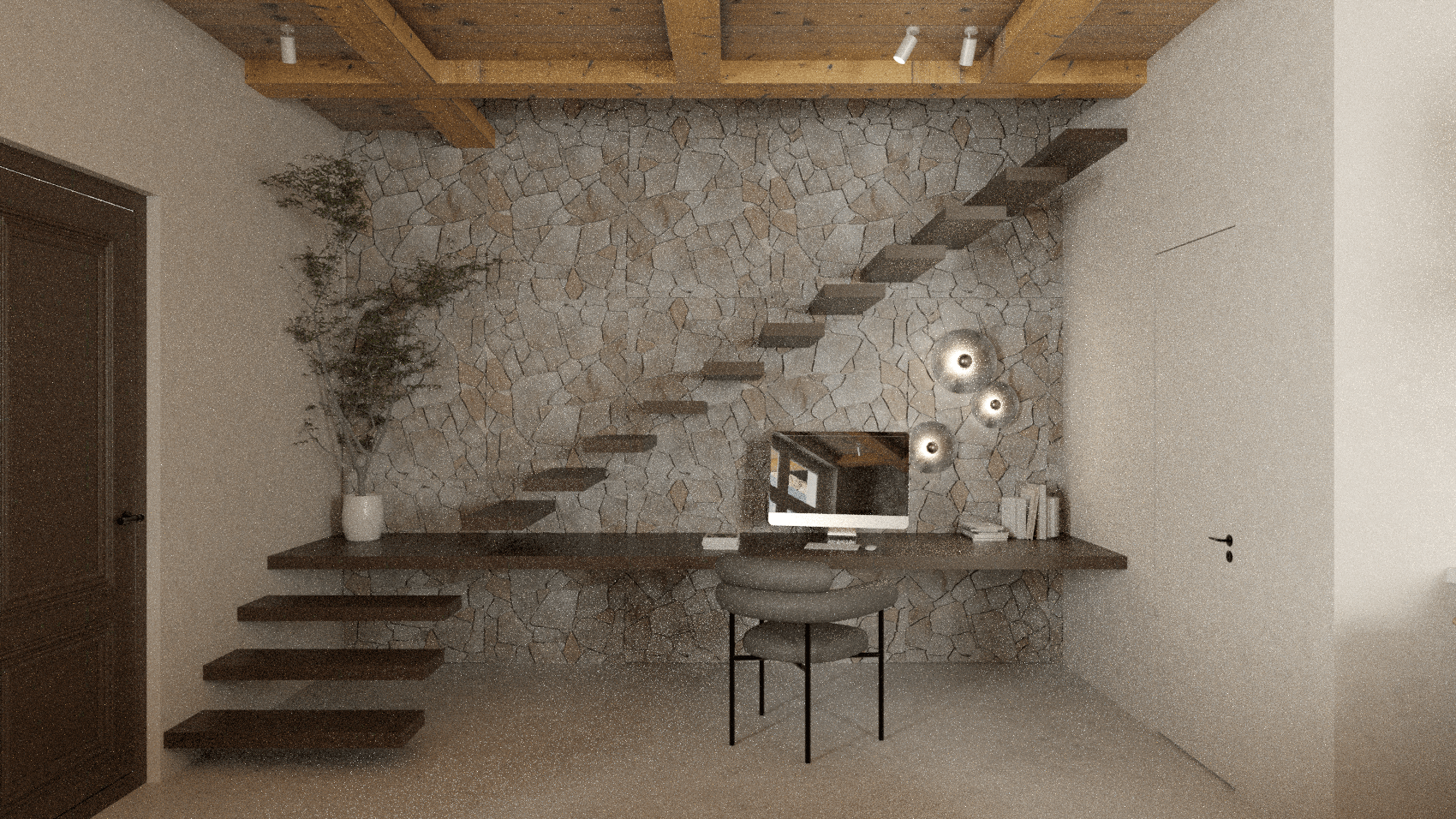 Interior with a floating staircase beside a stone wall and a small dining table — Mani