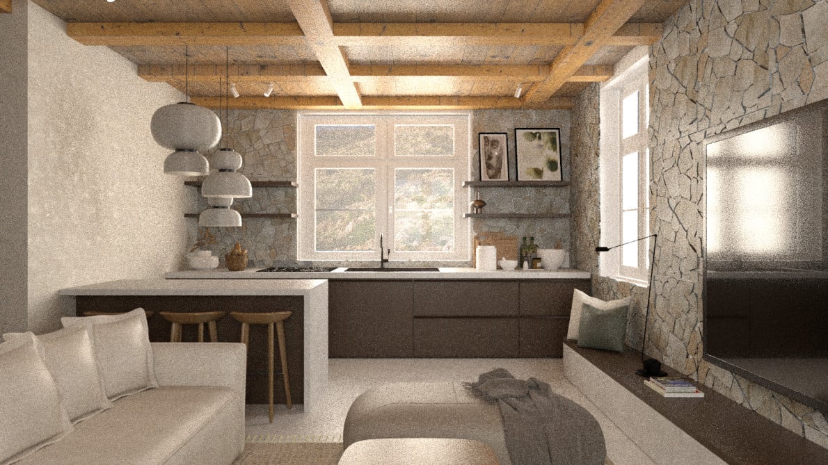 Open-plan kitchen and lounge with stone walls and timber ceiling beams — Mani