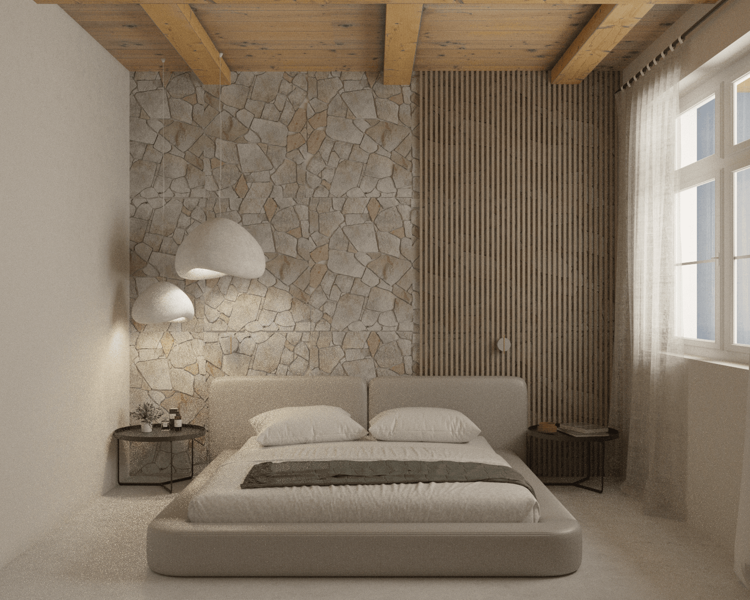 Bedroom with a stone feature wall, pendant lights and exposed ceiling beams — Mani