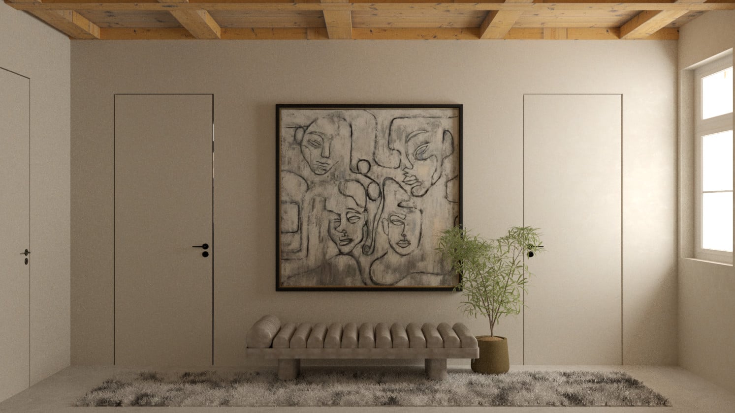Entrance area with a timber bench beneath a large artwork — Mani