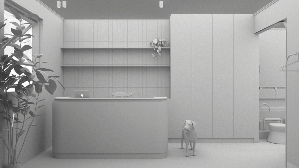 Monochrome interior concept showing built-in counters, shelving and wall details — Upcoming-Buff