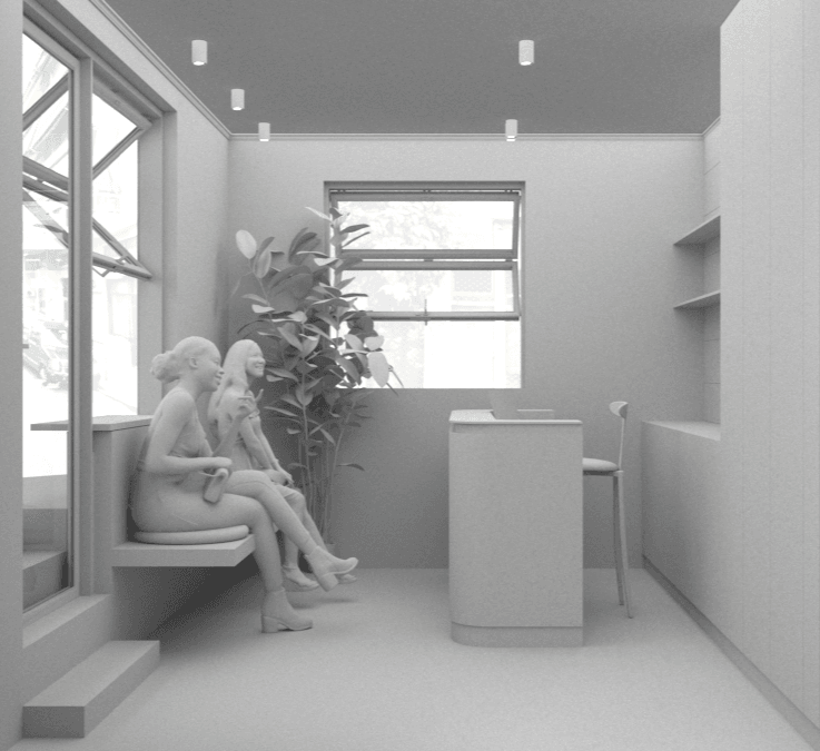 Monochrome interior concept with a bench beside tall windows — Upcoming-Buff