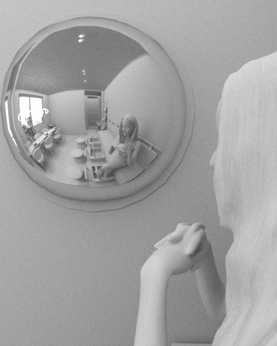 Monochrome interior concept reflected in a large round wall mirror — Upcoming-Buff