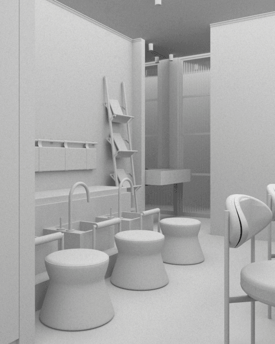Monochrome concept for a seating area with round stools and a long counter — Upcoming-Buff