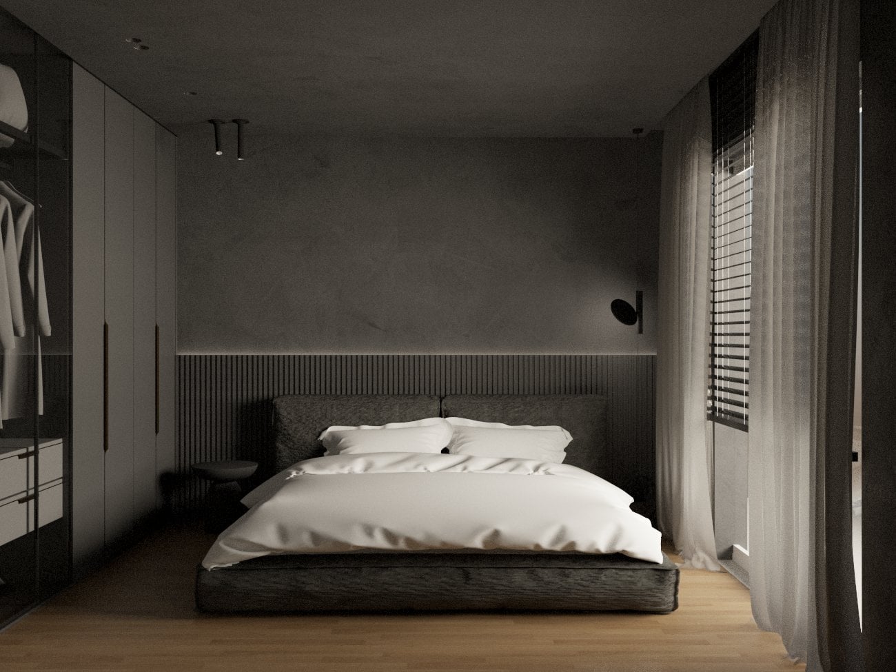 Bedroom with dark walls, a low bed and a tall window — Gounari 