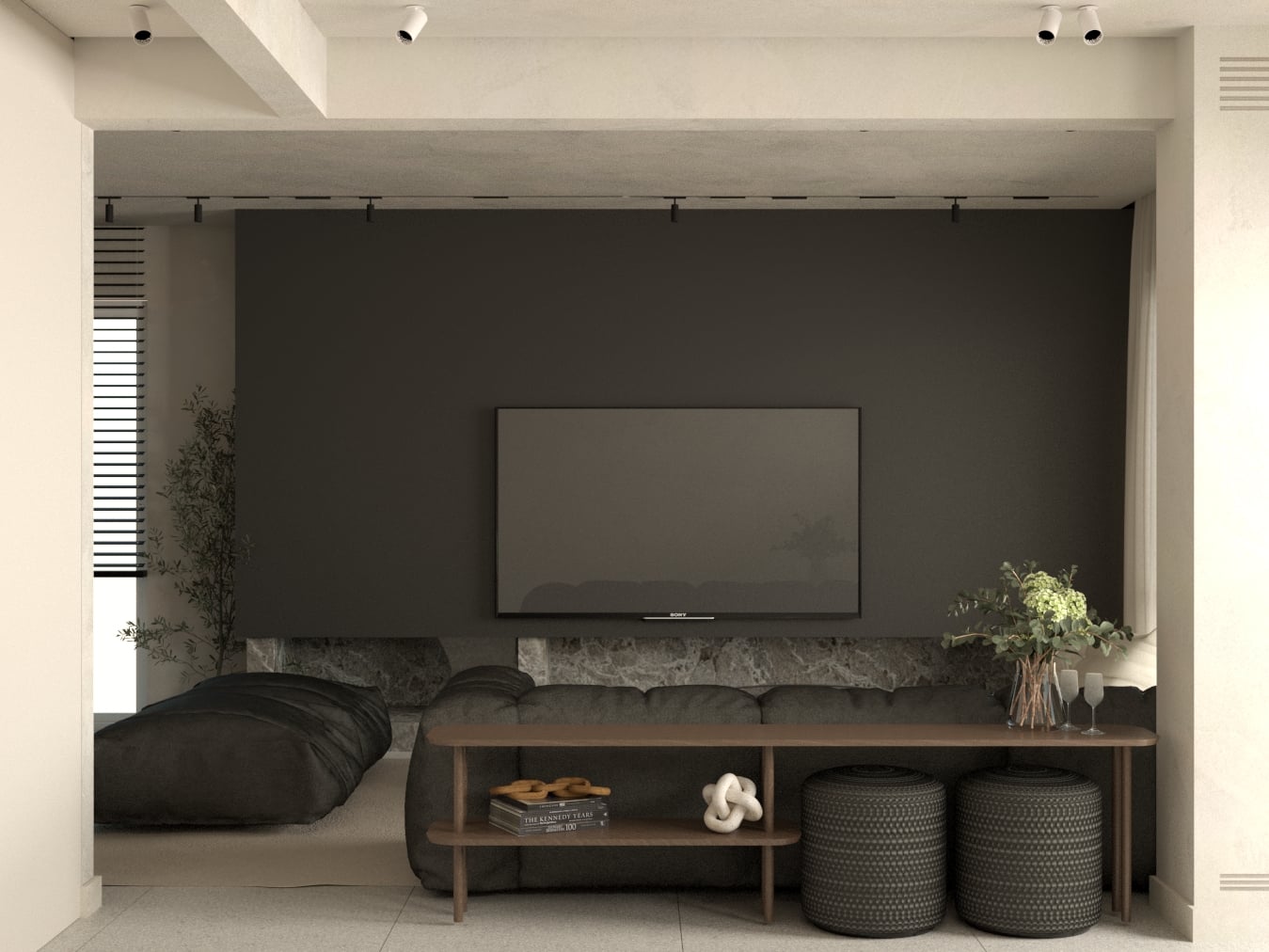 Television wall with low storage and dark rounded seating — Gounari 