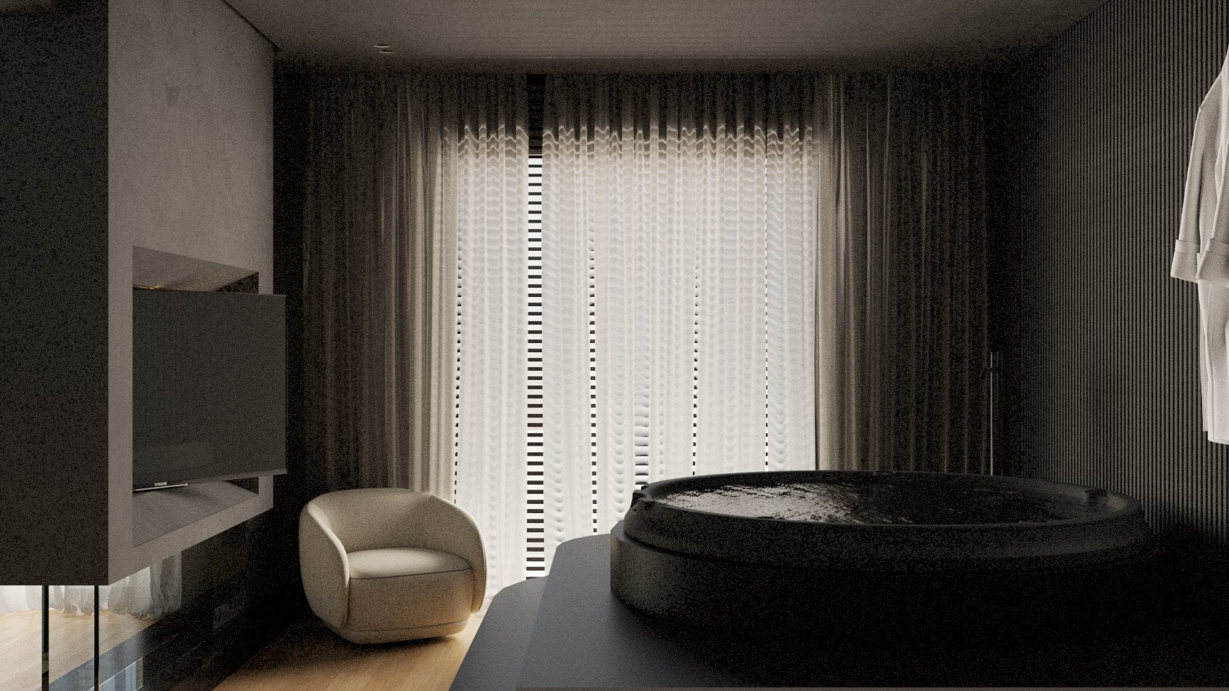 Bedroom seating area with a dark curved sofa beside sheer curtains — Gounari 