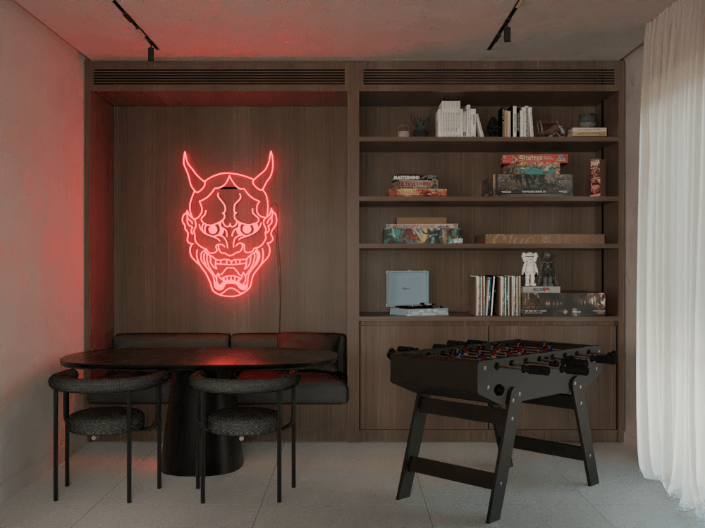 Shelving wall with a small table and red illuminated artwork — Gounari 