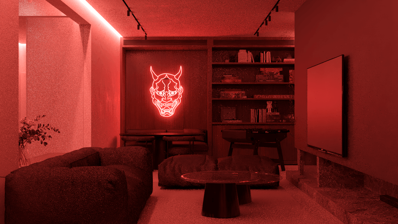 Evening lounge with red accent lighting and a glowing wall artwork — Gounari 