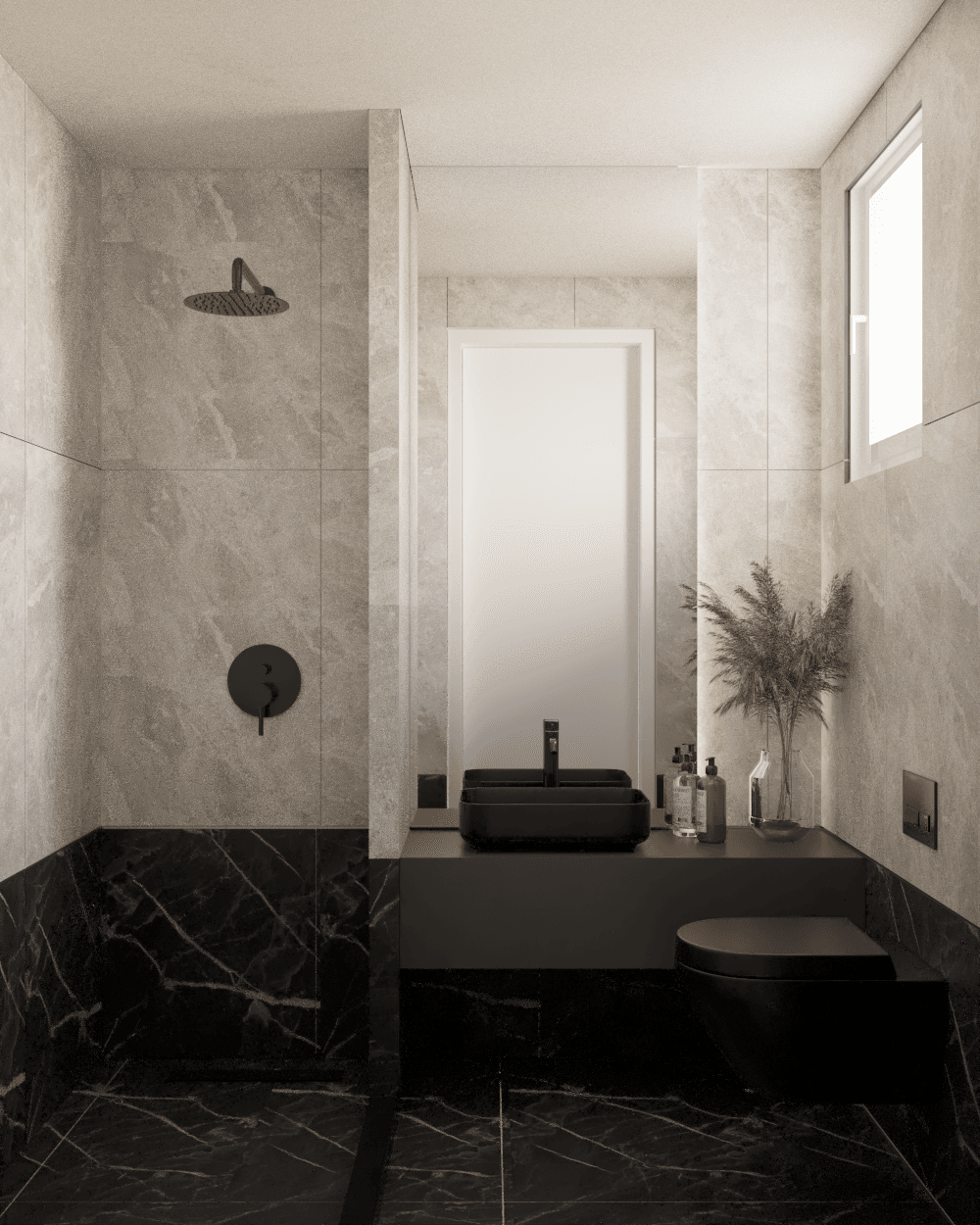 Bathroom with dark fixtures, a wall-hung toilet and a tall window — Gounari 