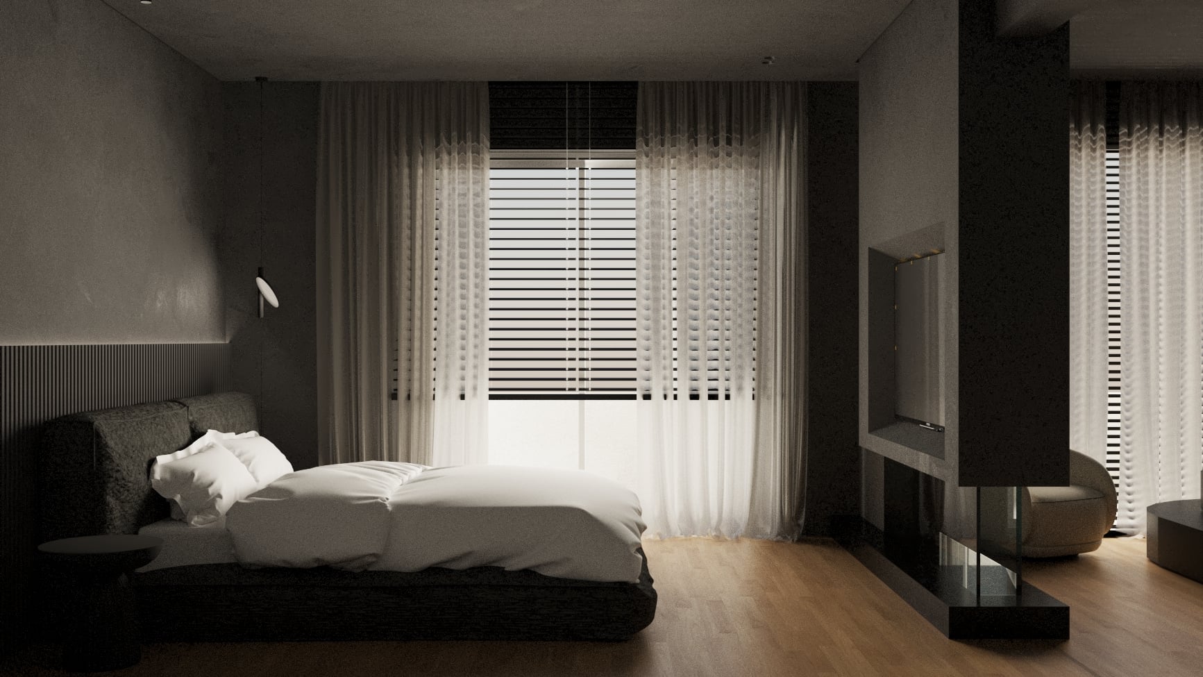 Bedroom with a low bed beside wide windows and dark curtains — Gounari 