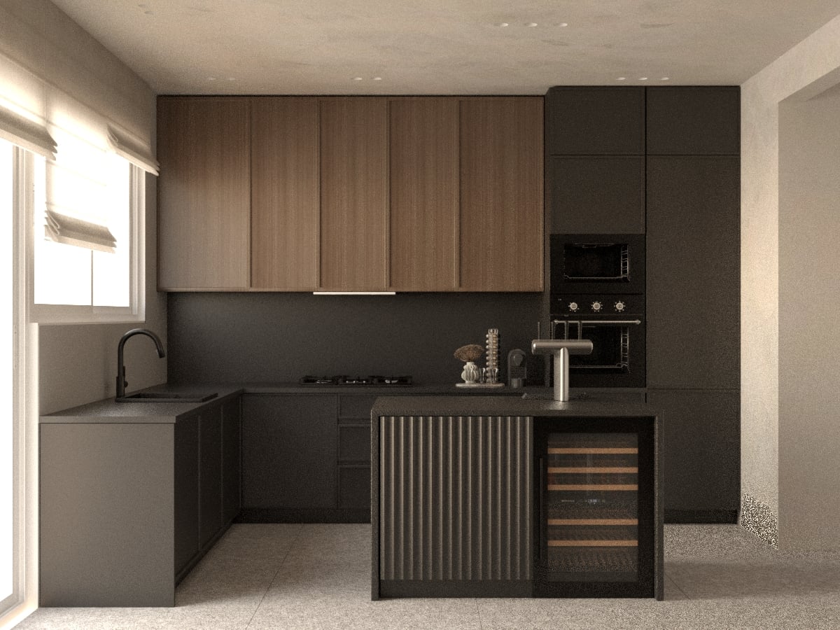 Kitchen visualisation with dark worktops, timber cabinets and a ribbed island — Gounari 