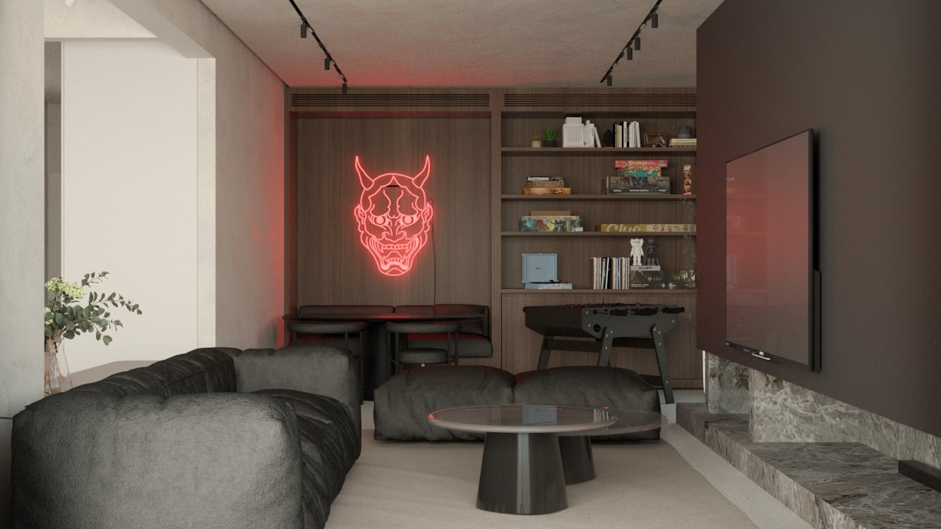 Living room with a shelving wall and a red illuminated artwork — Gounari 