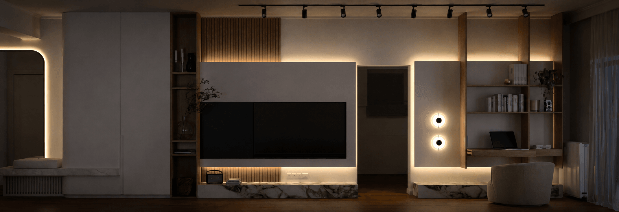 Evening visualisation of the television wall with warm lighting and illuminated shelving — Mellisia