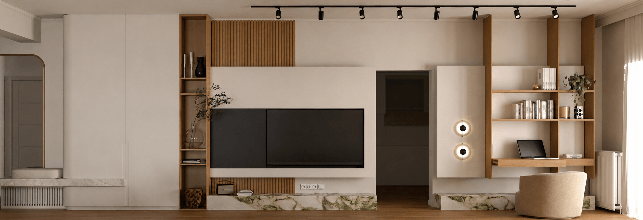 Living-room visualisation with a central television, pale cabinetry and illuminated display shelves — Mellisia
