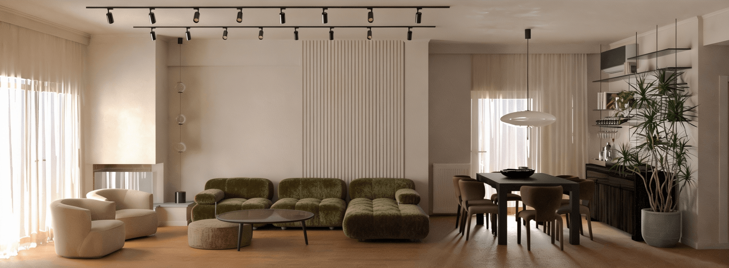 Open-plan living and dining room with green seating and a large shelving wall — Mellisia