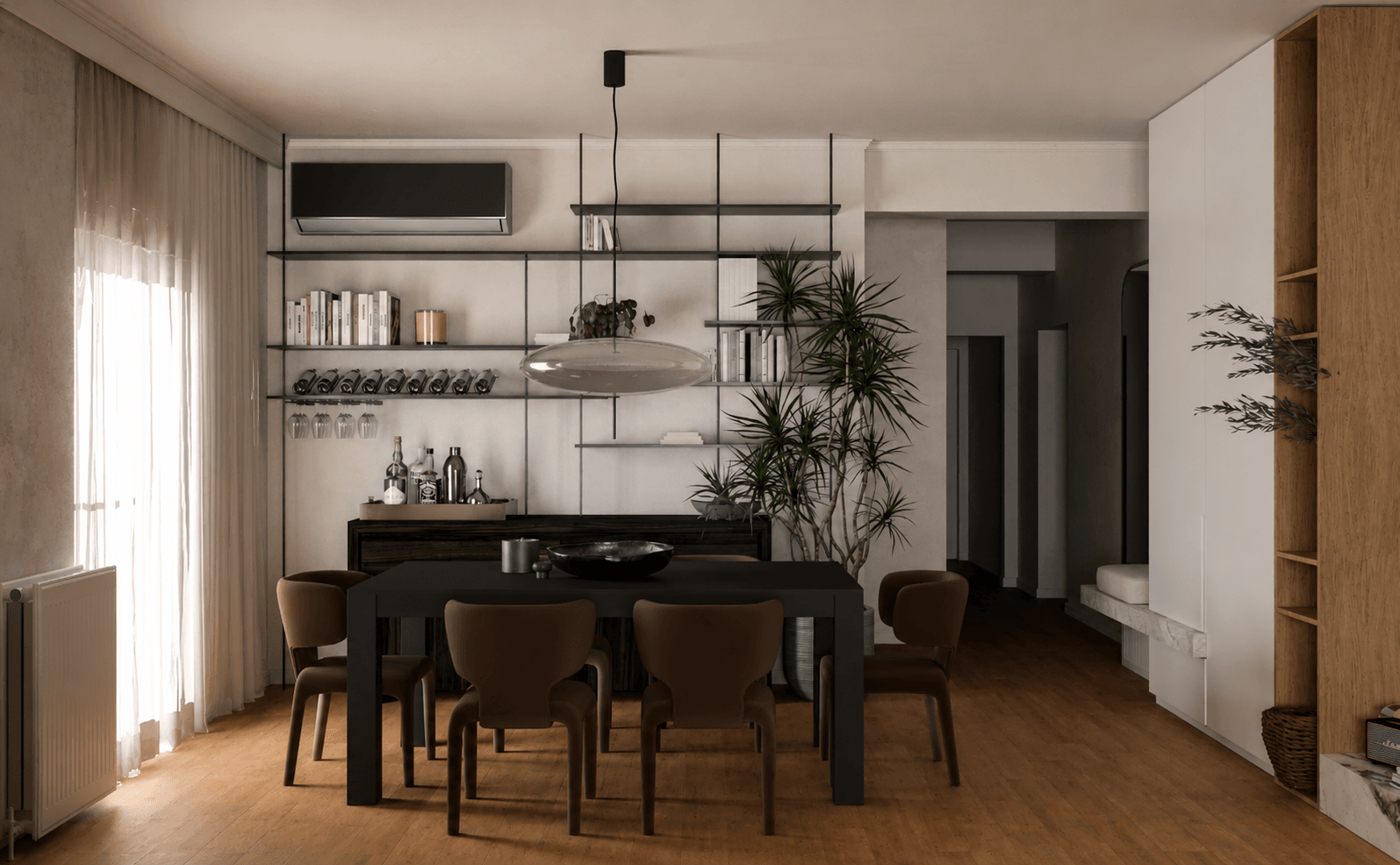 Dining area with a dark table, open shelving and an adjoining kitchen — Mellisia
