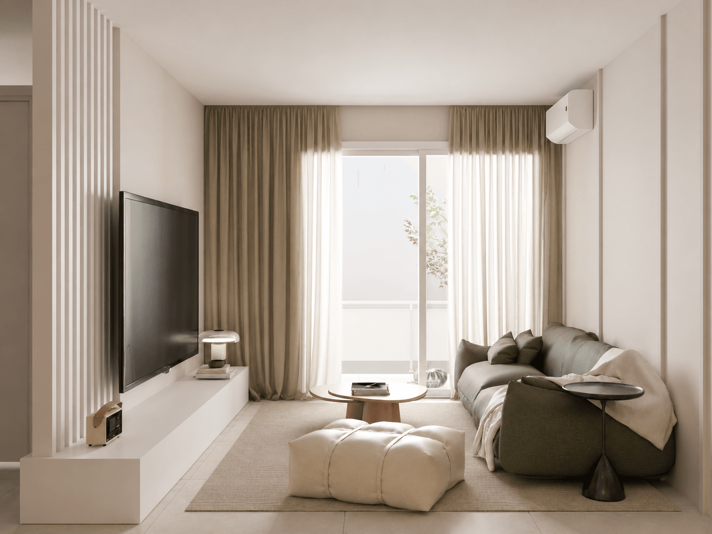 Living area with a green sofa beside full-height curtains and pendant lights — Eptalofou