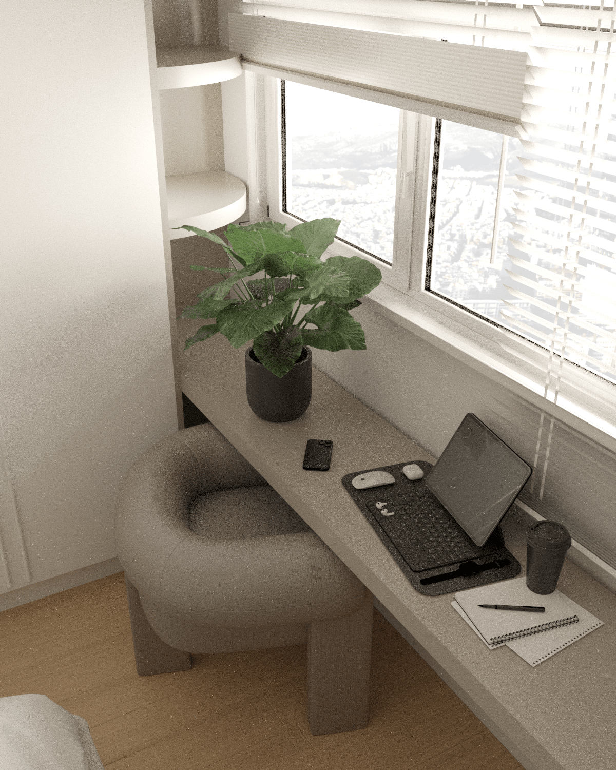 Desk and stool beneath a window beside plants and reading materials — Eptalofou