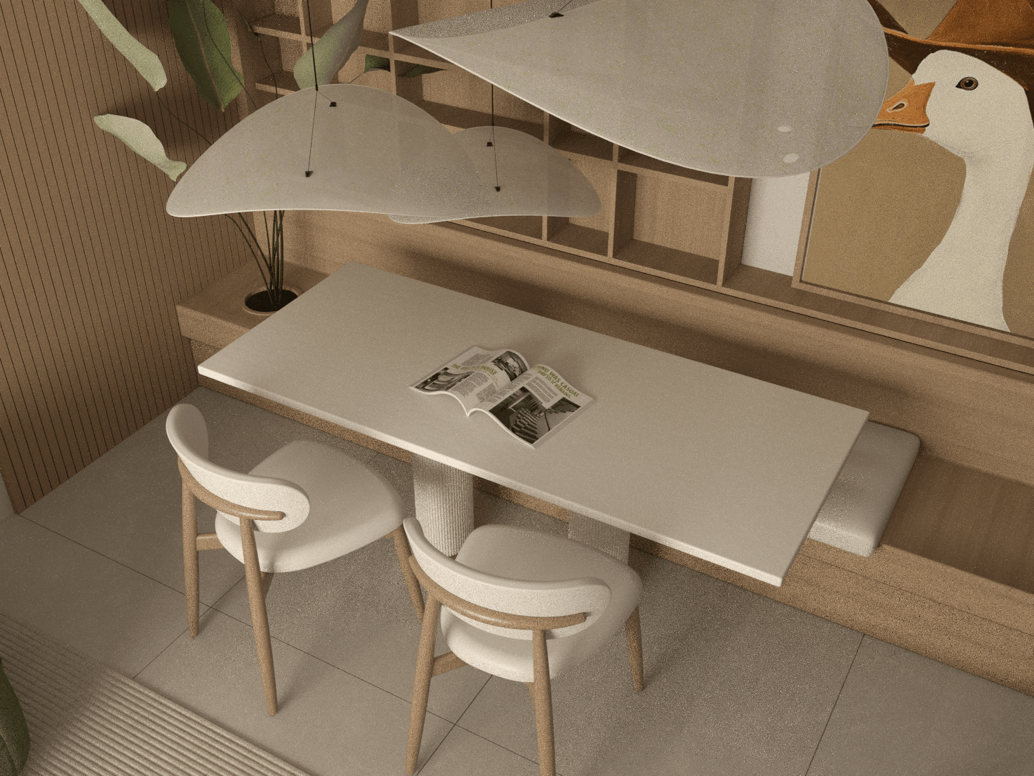 Dining table beneath broad pendant shades beside an illustrated wall — Eptalofou