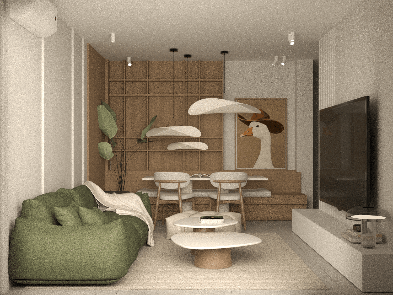Living and dining room with sculptural pendant lights and timber cabinetry — Eptalofou