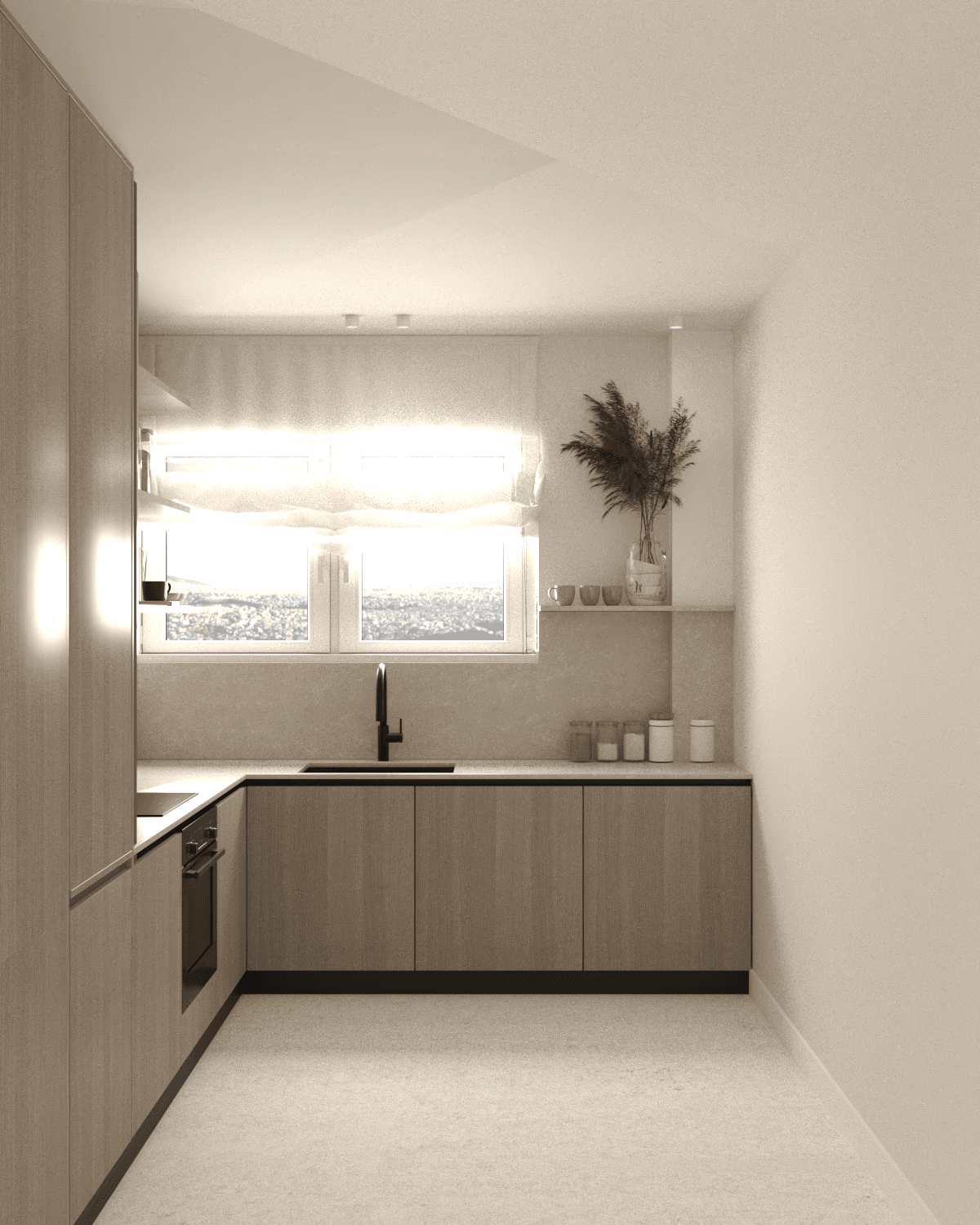 Compact kitchen with pale cabinets and a window above the worktop — Eptalofou