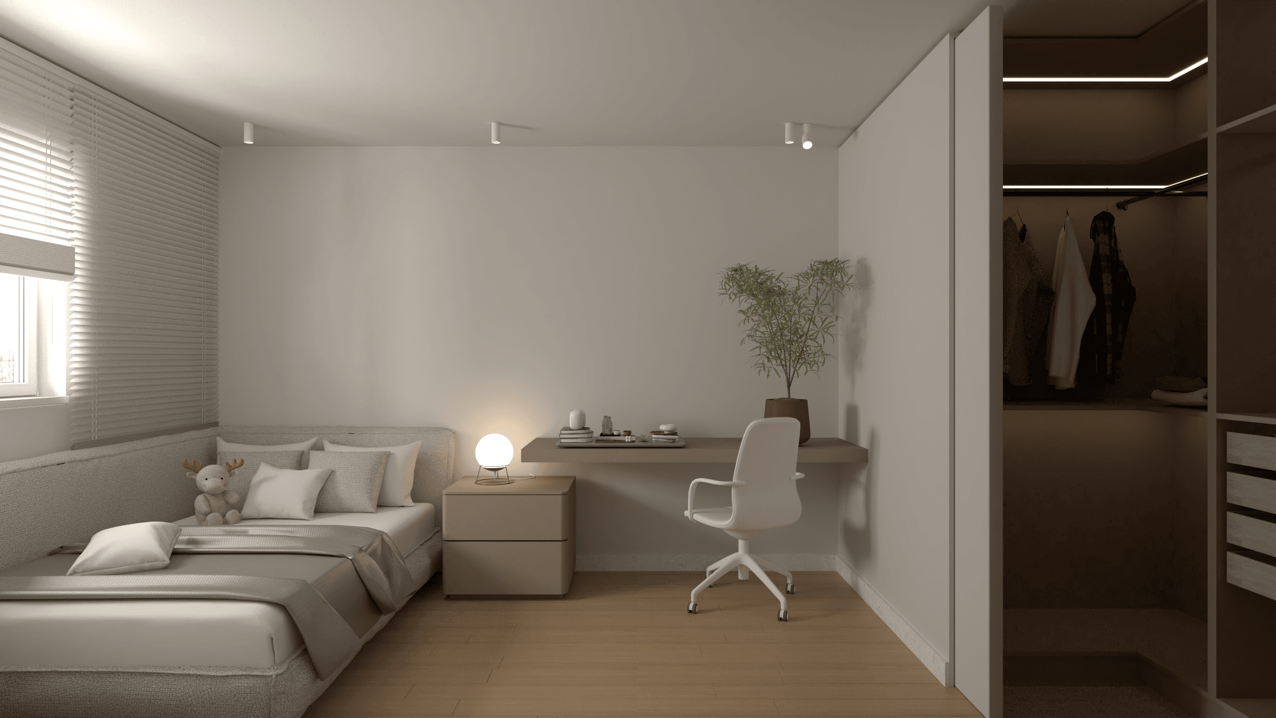 Bedroom with a pale bed and an open dressing area — Eptalofou
