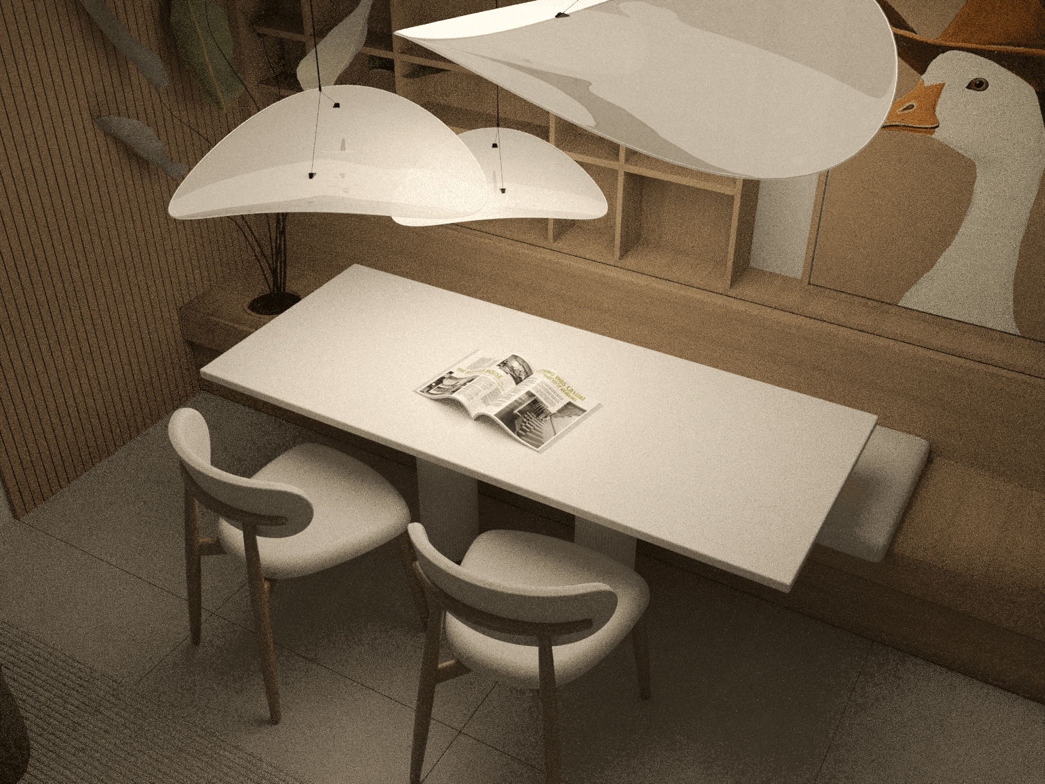 Dining table with white chairs beneath overlapping pendant shades — Eptalofou