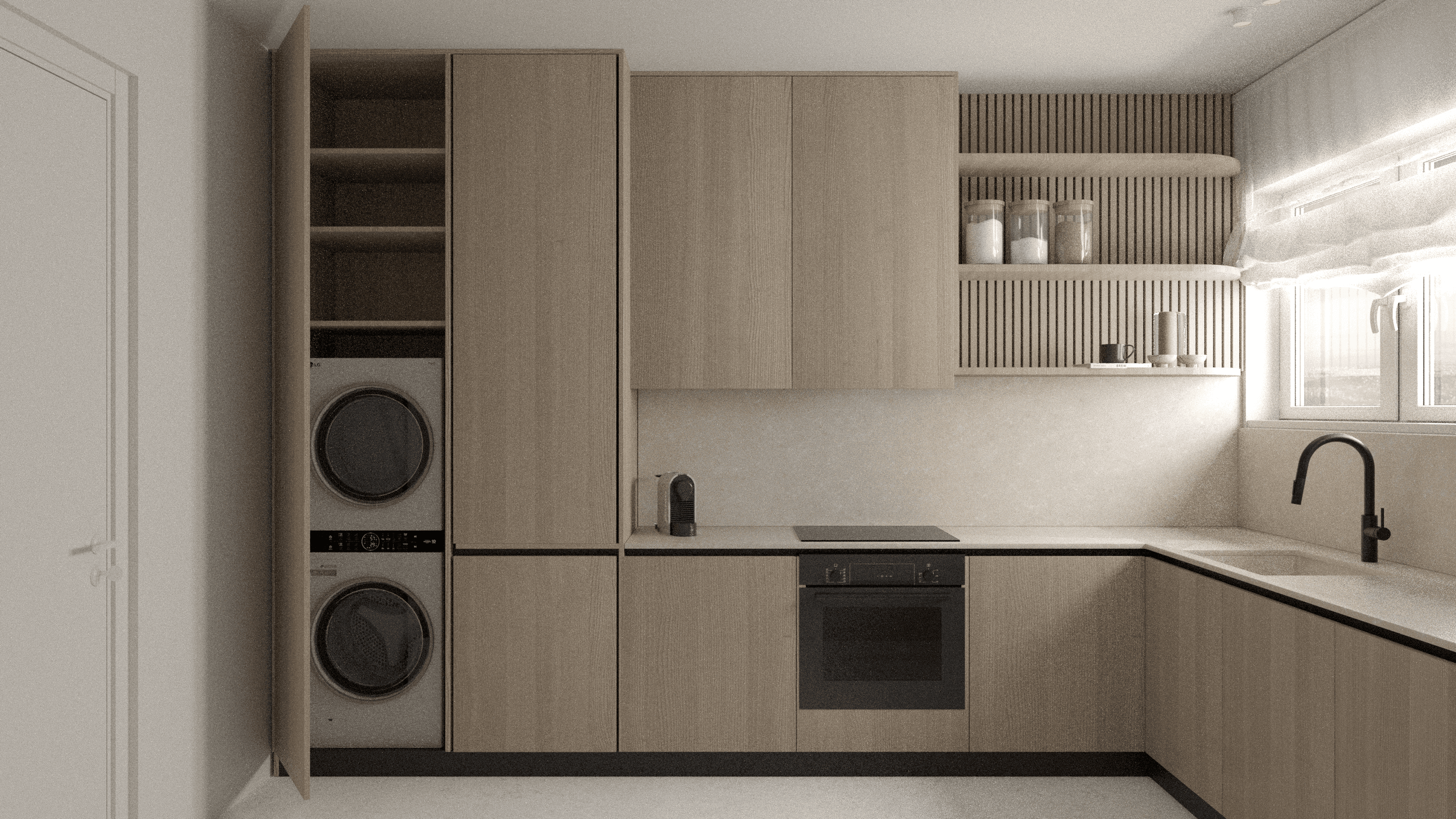 Kitchen cabinetry with a washing machine and tumble dryer behind tall doors — Eptalofou