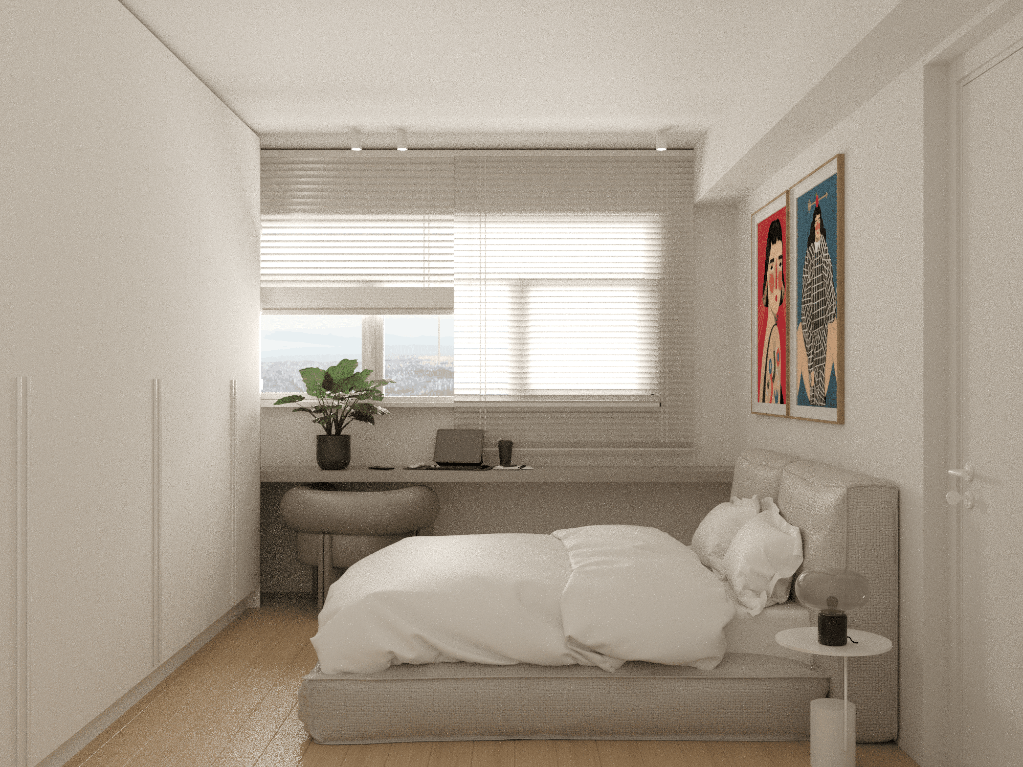 Bedroom with a pale bed, a window above the headboard and colourful artwork — Eptalofou