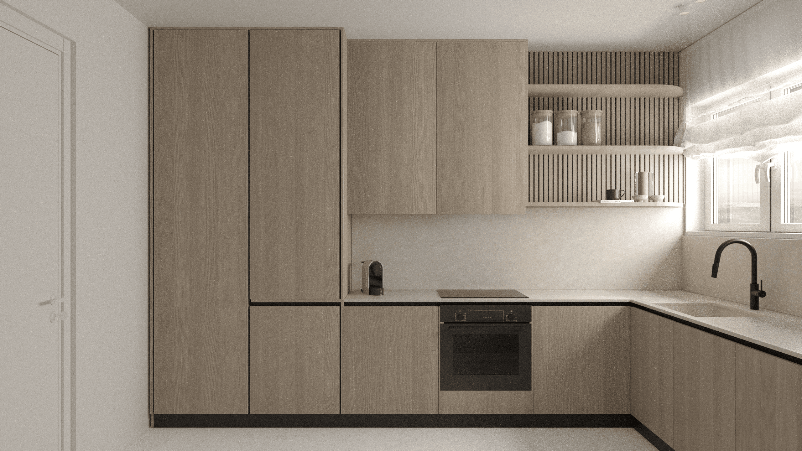 Kitchen with full-height pale cabinets, open shelving and an integrated oven — Eptalofou