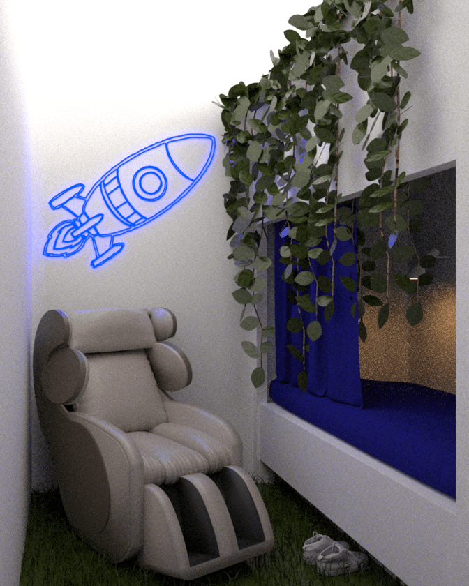 Office relaxation corner with a reclining chair, blue wall graphic and hanging greenery — Karaoli