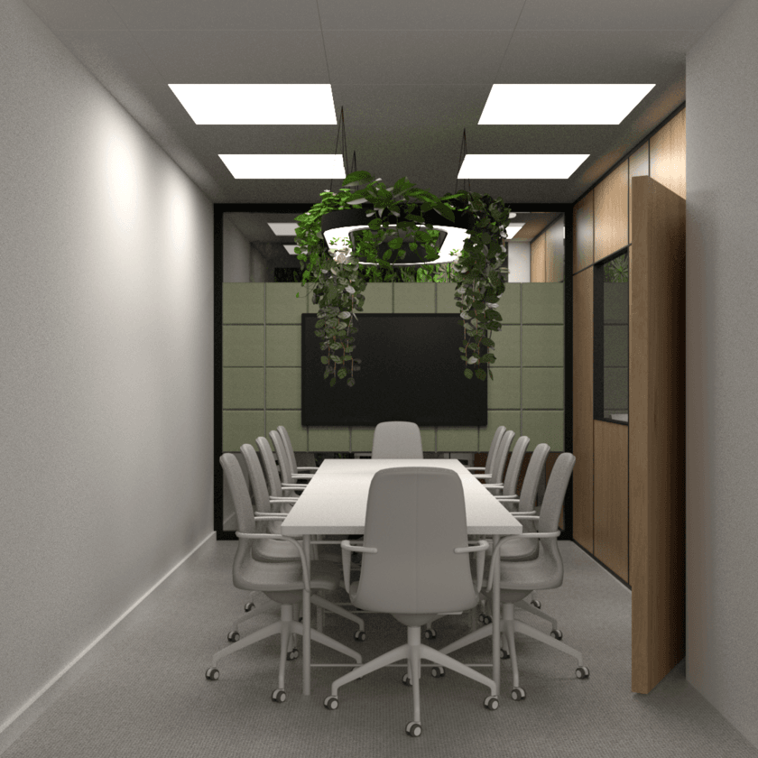Office meeting area with white chairs beneath rectangular ceiling lights — Karaoli