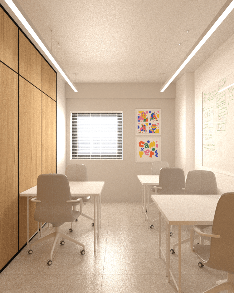 Bright office with white desks, chairs and full-height timber storage — Karaoli