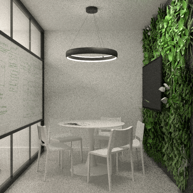 Small meeting room with white furniture, a circular pendant light and a planted wall — Karaoli