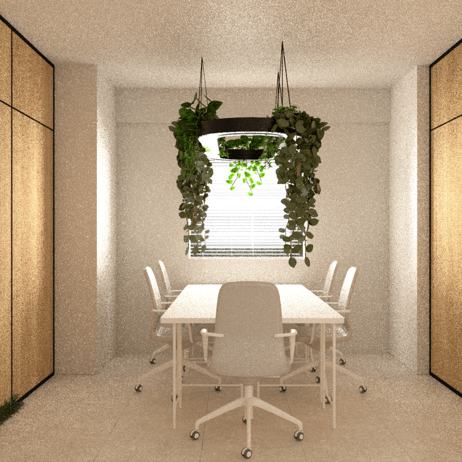 Office meeting table beneath a hanging planter beside timber storage — Karaoli