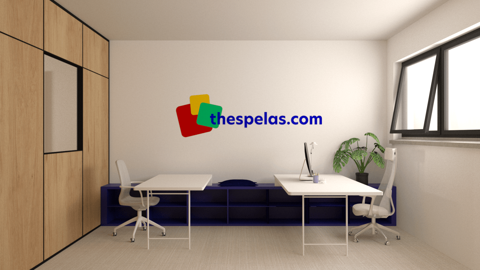 Reception seating with a blue sofa, timber cabinetry and a wall logo — Karaoli