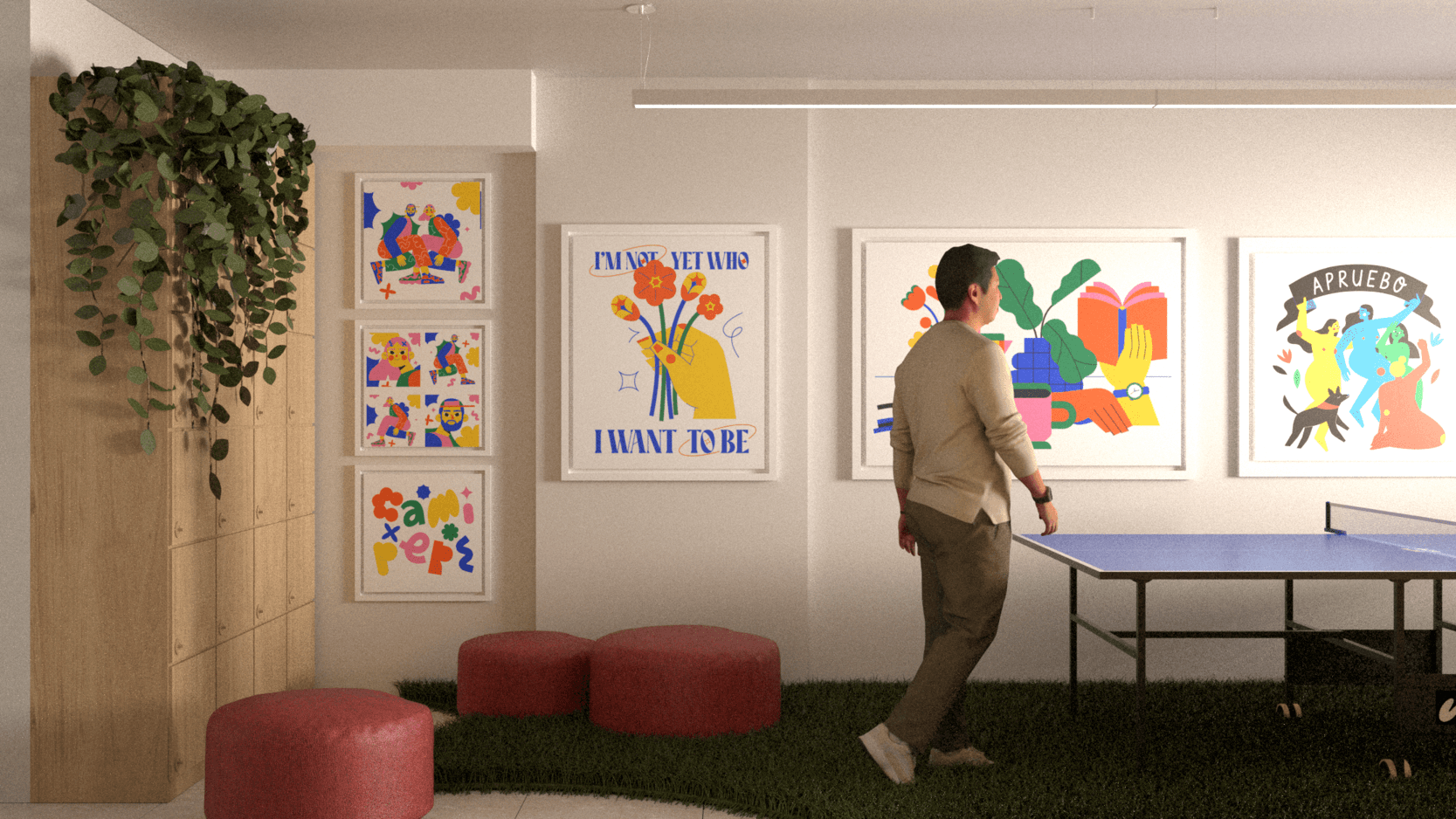 Recreation area with colourful wall posters and a table-tennis table — Karaoli