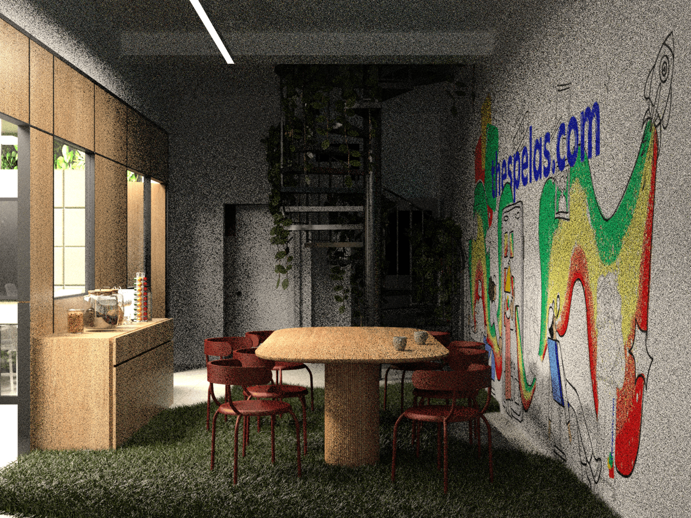Evening view of an office breakout area with a mural and communal table — Karaoli