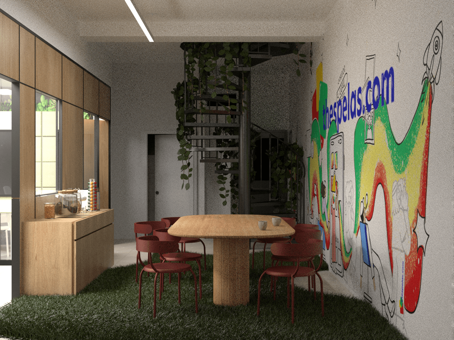Office breakout area with a timber table, colourful mural and planting — Karaoli