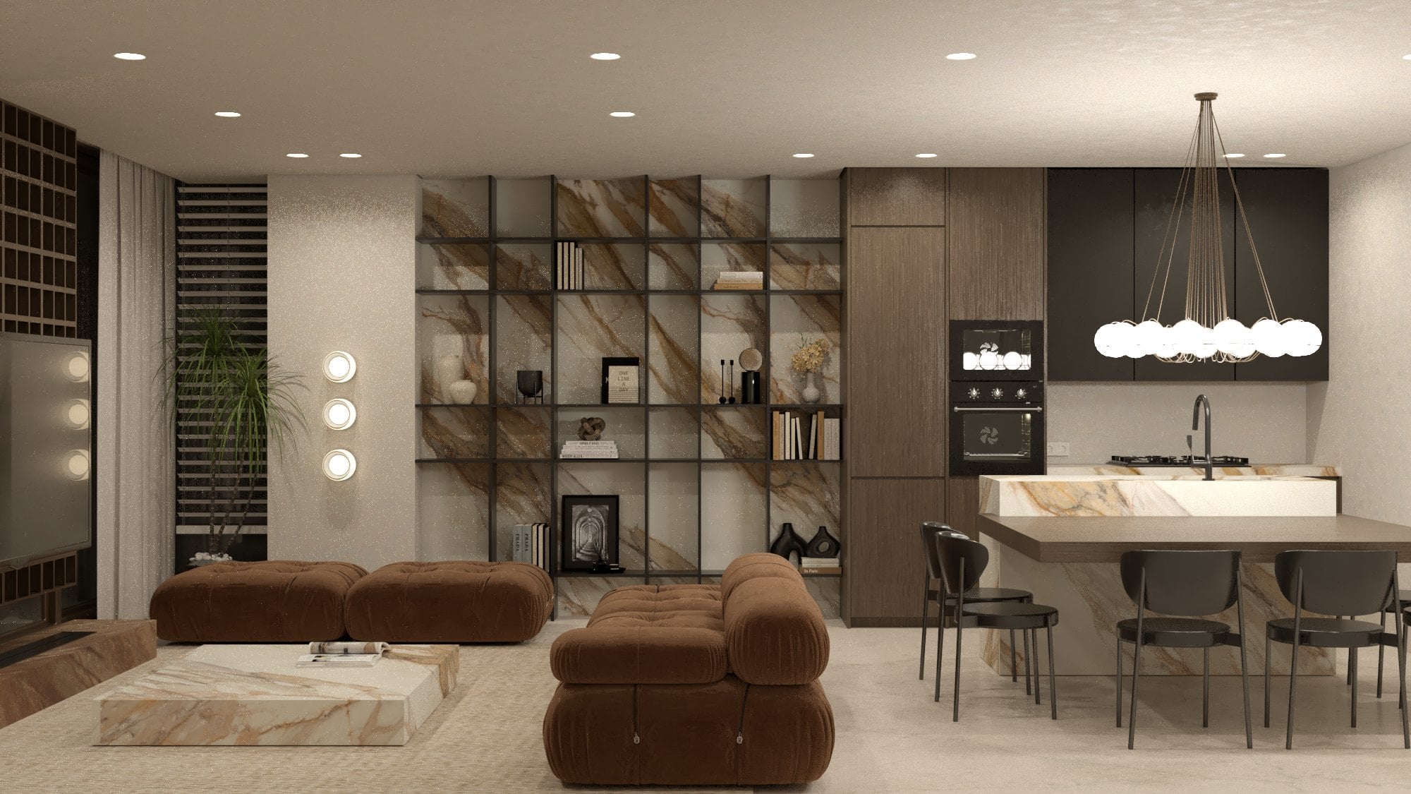 Living and dining room with curved seating and a dark accent wall — Aura