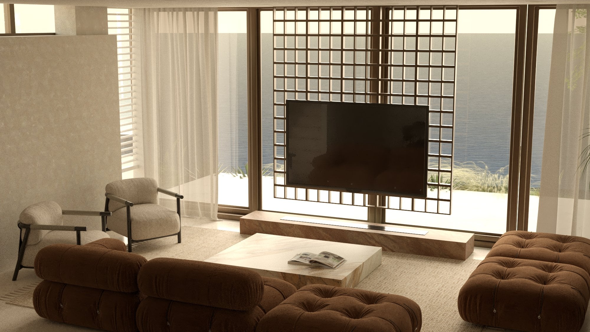 Sunlit lounge with a television suspended in front of tall windows — Aura