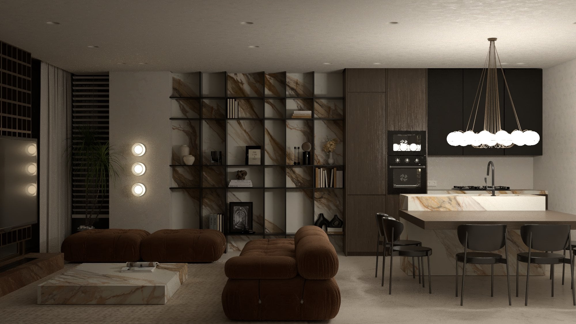 Evening view of the living and dining area with illuminated pendant lights — Aura