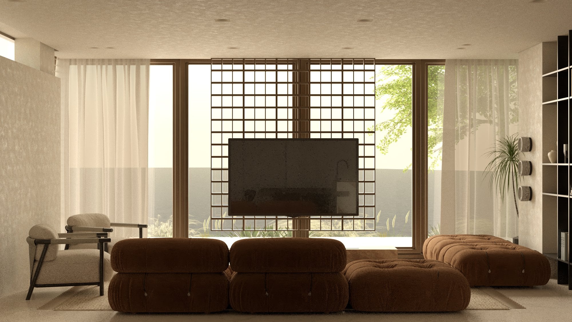 Lounge with rounded seating facing a television and large windows — Aura