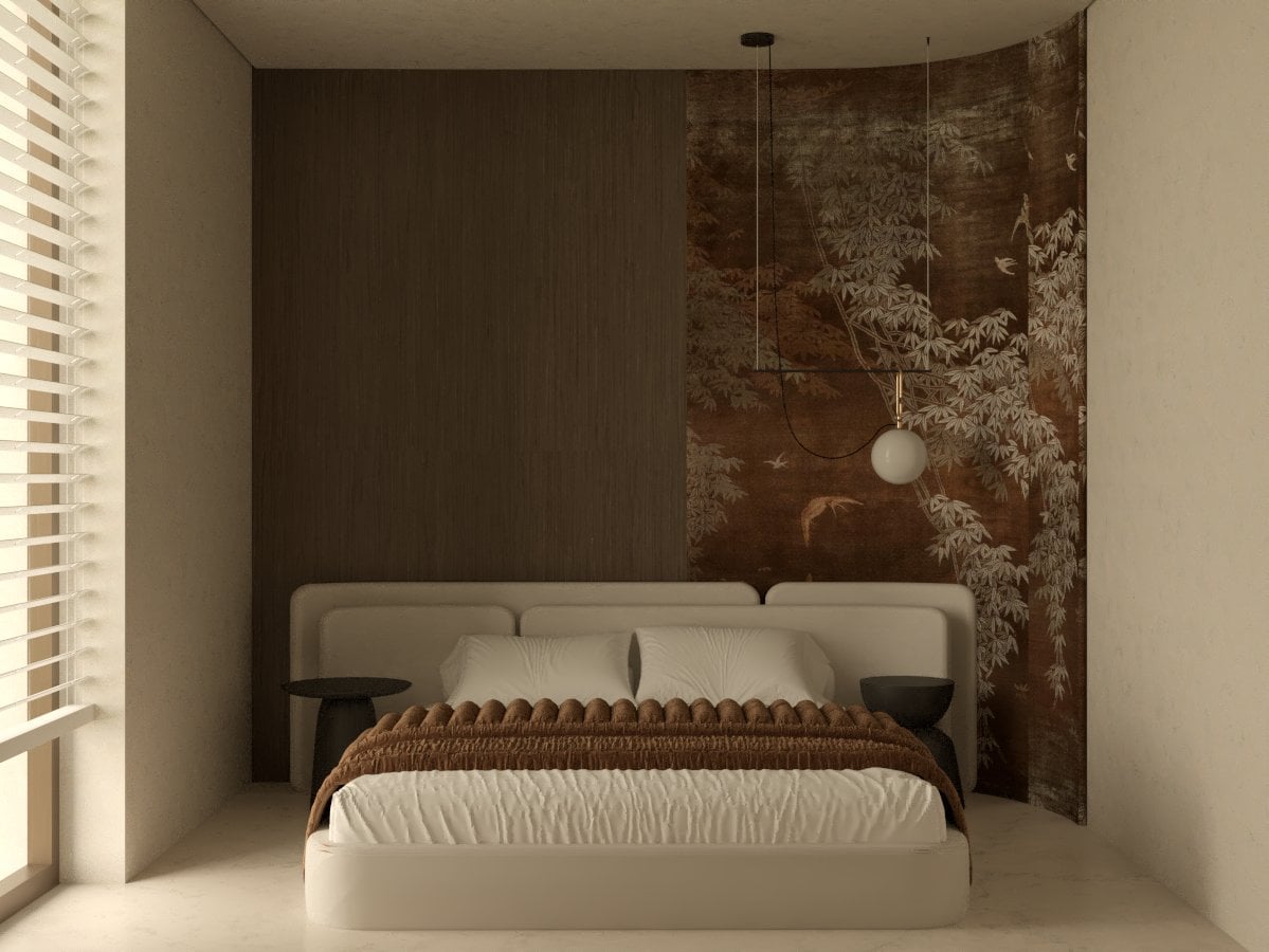 Bedroom with a botanical feature wall behind the bed — Aura