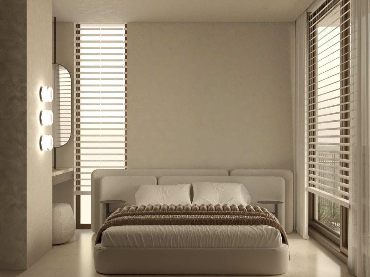 Bedroom with a low bed between tall windows and hanging lights — Aura