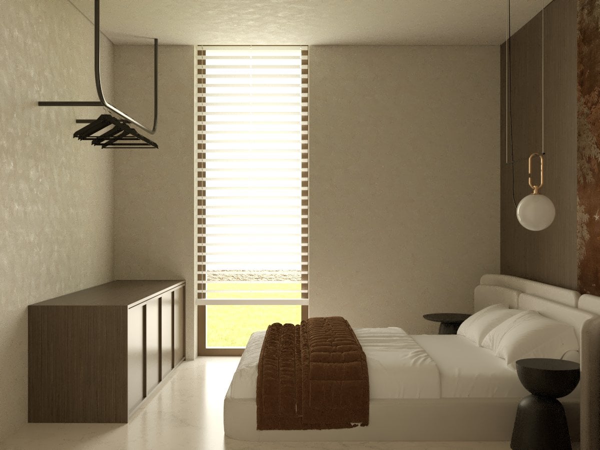 Bedroom with a pale bed, floating bedside unit and window blinds — Aura